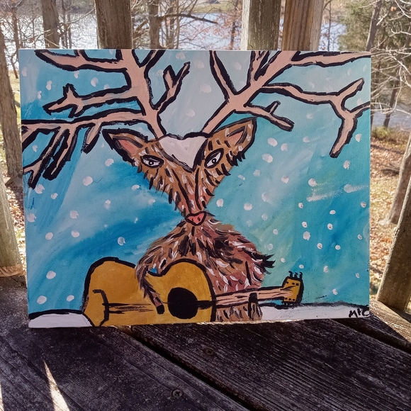 Hand Crafted Other - Deer in Snow Folk Art Painting Acrylic on canvas Original Art Winter Snow Holida